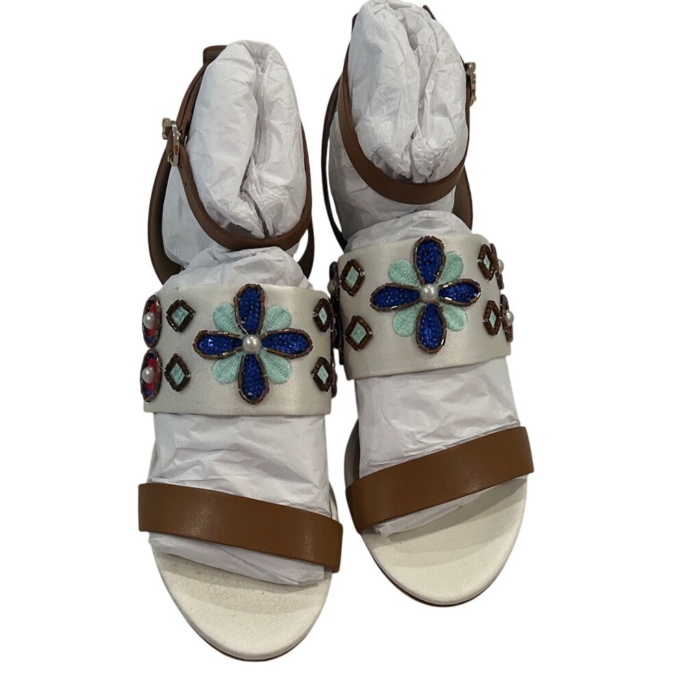 Tory Burch Embellished Wedge Sandals‎ White Leather Floral Beaded Size 75M